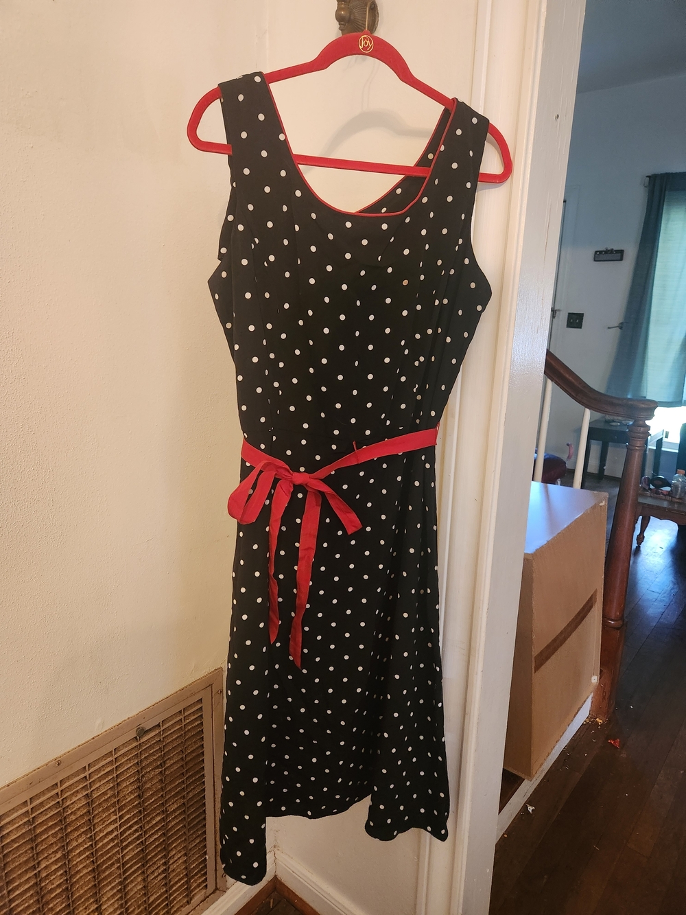 Studio I Black Polka Dot Midi Dress with Red Waist Tie
